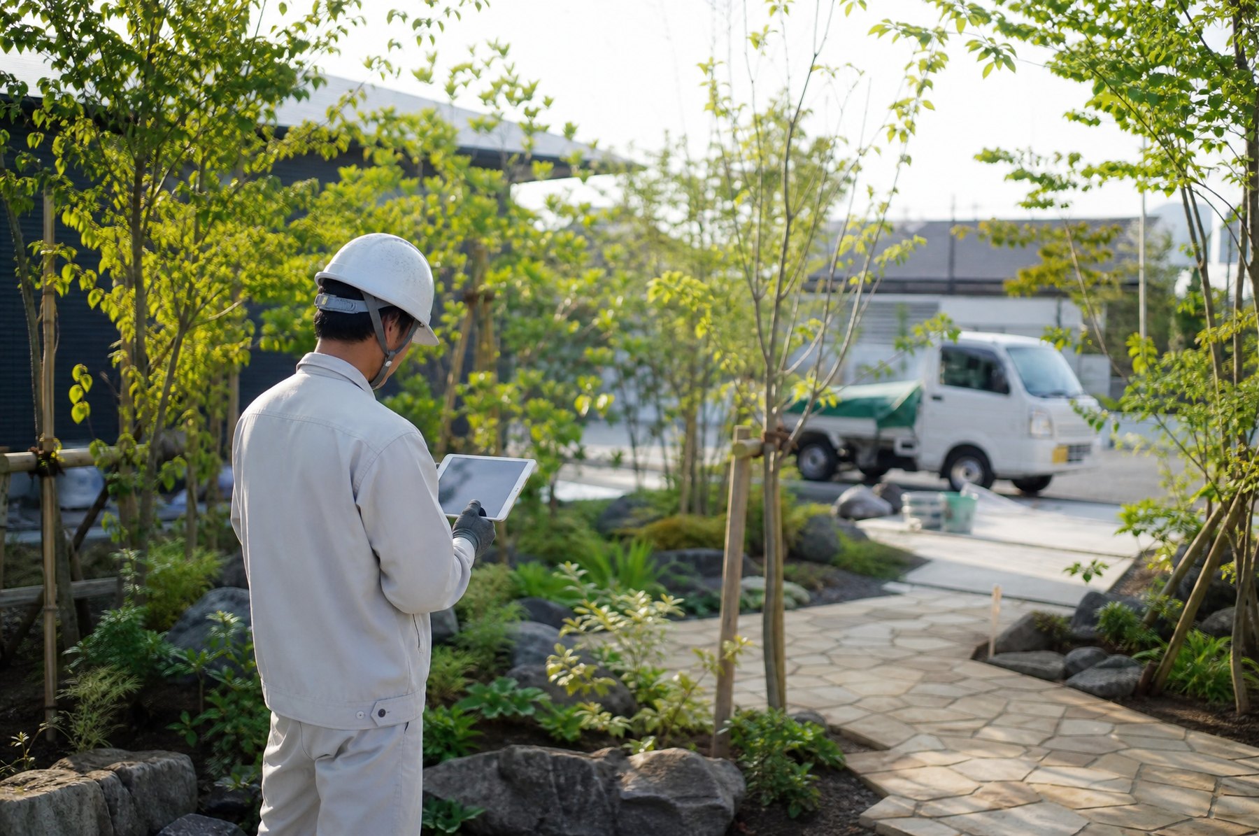 造園の現場で日々の作業を記録する仕事のイメージ